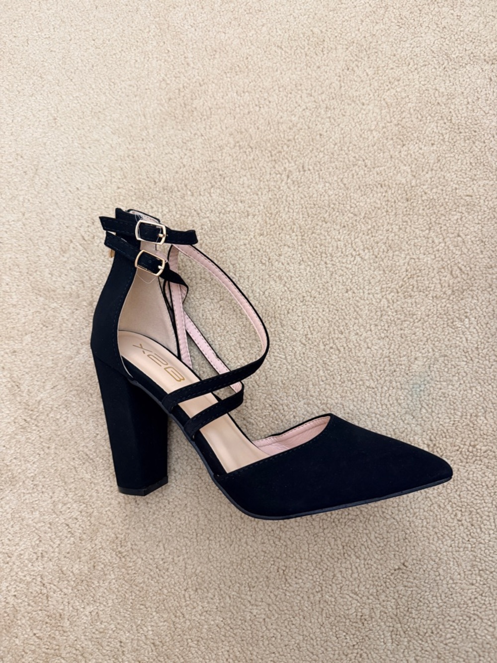 Strappy Black Pointed Block Heel Pumps